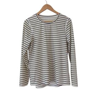 LL Bean UPF 50+ Sun Shirt Small Cream Black Striped Long Sleeve Sweat Wicking